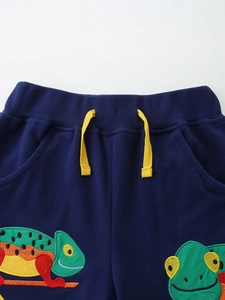 Kids navy cotton shorts with yellow drawstring and colorful chameleon embroidery
