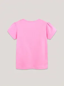T-shirt rose à manches courtes pour fille avec manches bouffantes et col rond tricoté