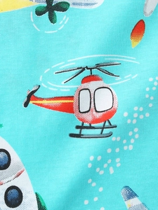 Kids cotton short sleeve t-shirt with cartoon helicopter and rocket print on blue fabric
