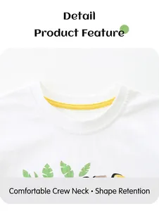 Close-up of boys' white cotton t-shirt neckline with yellow reinforcement and green leaf print