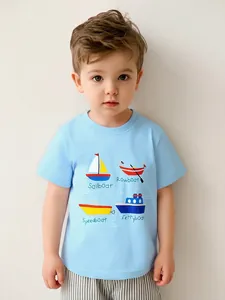 Boys Cotton Short Sleeve T-Shirt Summer Kids Casual Round Neck Top With Cartoon Sailboat Print For Toddlers Daily Wear