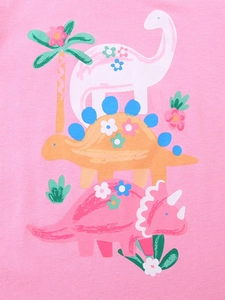 T-shirt rose en maille pour fille avec motifs de dinosaures mignons et palmiers