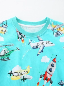 Kids aqua blue cotton short sleeve T-shirt with cartoon airplane and rocket print