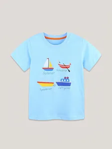Light blue boys short sleeve t-shirt with colorful sailboat and nautical prints