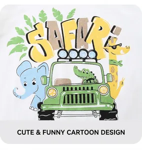 Detail of colorful safari cartoon print with crocodile and elephant on white kids T-shirt
