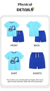 Detailed front and back view of kids cotton t-shirt with dinosaur excavator print and shorts