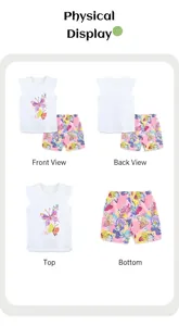 Détails d'ensemble fille avec haut blanc à volants papillon et short imprimé