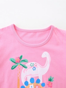 T-shirt rose pour filles avec imprimé dinosaure mignon et col rond classique