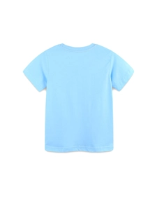 Light blue boys cotton T-shirt with crew neck and sailboat print on a flat white background