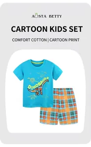 Detail of baby boys' cotton set with blue dinosaur t-shirt and orange plaid shorts