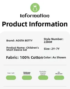 Detailed size chart and fabric specifications for 100% cotton summer kids' clothing set