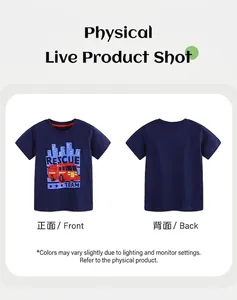 Dettagli fronte e retro della t-shirt bimbo blu navy con stampa camion dei vigili del fuoco