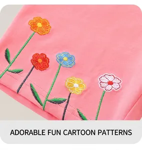 Detailed close-up of colorful floral embroidery on girls pink cotton shorts fabric