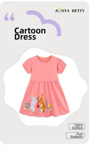 Detail of a pink cotton girl's dress showing a 100% cotton label and rabbit embroidery