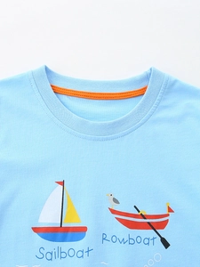 Light blue boys sailboat print t-shirt with orange reinforced crew neck detail