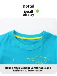 Detail of round neck blue t-shirt for boys showing anti-deformation yellow piping