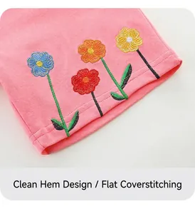 Detailed close-up of pink knit shorts featuring colorful floral embroidery and neat stitching