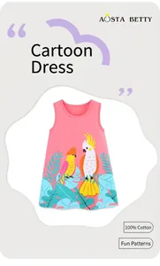 Detail of girls cotton sleeveless dress featuring pink tropical parrot and leaf prints