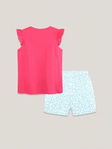 Ensemble d'été fille avec haut rose à volants et short en coton tricoté imprimé