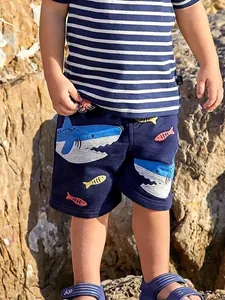 Boys Summer Knit Cotton Shorts Cartoon Shark Embroidered Elastic Waist Casual Sports Shorts Navy Blue Children Pants