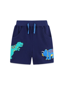 Short de sport bleu marine pour garçons en coton avec broderie dinosaure et cordon