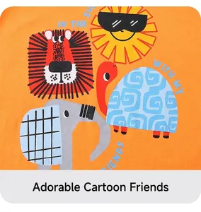 Détail du t-shirt enfant en coton orange avec imprimés d'animaux lion, éléphant et tortue