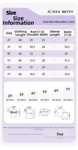 Size chart for girls floral summer dress showing measurements for ages 2 to 7 years old