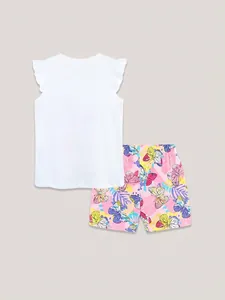 Ensemble d'été pour fille avec haut à volants blanc et short rose à imprimé papillon