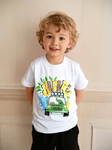 Boys Summer Cotton T-Shirt Short Sleeve Round Neck Safari Animal Elephant Giraffe Print Casual Breathable Kids Top