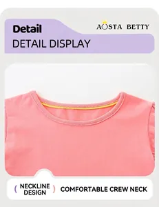 Detail of coral pink cotton knit neckline with yellow tape and ribbed trim for kids