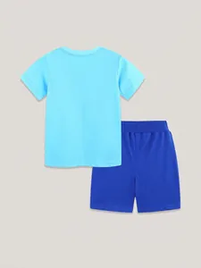 Kids short sleeve blue t-shirt and cotton shorts set for summer casual wear