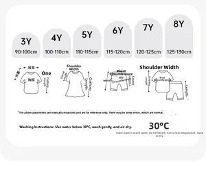 Detailed size chart for kids clothing sets with measurements and washing guide