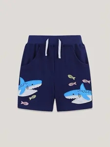 Summer knitted boys' dark blue cotton shorts with shark and colorful fish embroidery