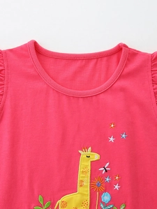 Haut rose sans manches pour filles en coton avec broderie girafe et volants aux épaules