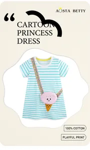 Detail of girls' 100% cotton blue striped dress with pink ice cream embroidery