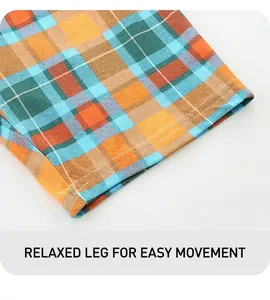 Detail of loose-fit plaid pants leg with high-quality double-needle stitching