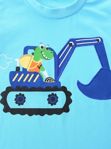 Kids sky blue t-shirt with cartoon dinosaur excavator embroidery and printed details