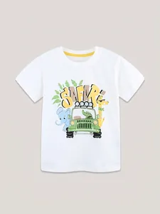 Boys white cotton t-shirt with colorful safari animal print and classic crew neck
