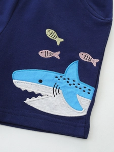Boys navy knit shorts with cartoon shark and small fish embroidery for summer sport