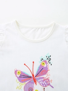 T-shirt blanc pour filles avec imprimé papillon artistique et col rond en maille douce