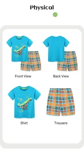 Detailed flat lay of blue dinosaur t-shirt and orange-green plaid shorts kids set
