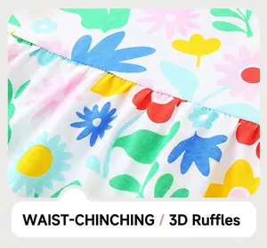 Détail de l'imprimé fleuri sur robe en coton avec plis à la taille et coutures soignées
