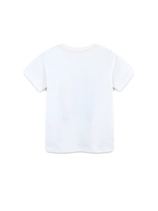 Flat lay of minimalist white short-sleeve cotton T-shirt with round neck for boys