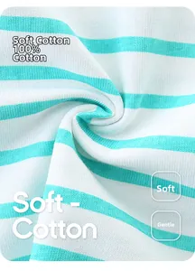 Close-up of 100% soft cotton fabric with mint green and white stripes on girls dress