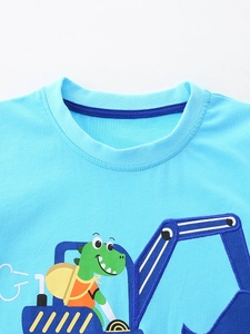 Kids short sleeve set with cartoon dinosaur driving an excavator print on blue cotton fabric