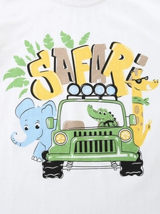 White cotton T-shirt for boys featuring a colorful Safari animal print and crew neck