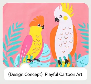 Close-up of pink cotton fabric with colorful cockatoo and tropical leaf print