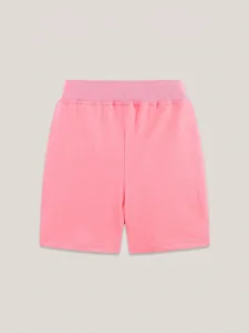 Pink knit cotton shorts for girls with ribbed elastic waistband and flower embroidery