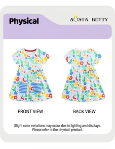 Vues détaillées avant et arrière de la robe en coton à fleurs avec poches à rayures
