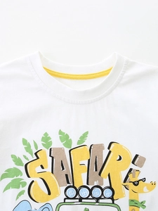 Kids white cotton T-shirt with yellow Safari safari print and cartoon giraffe detail